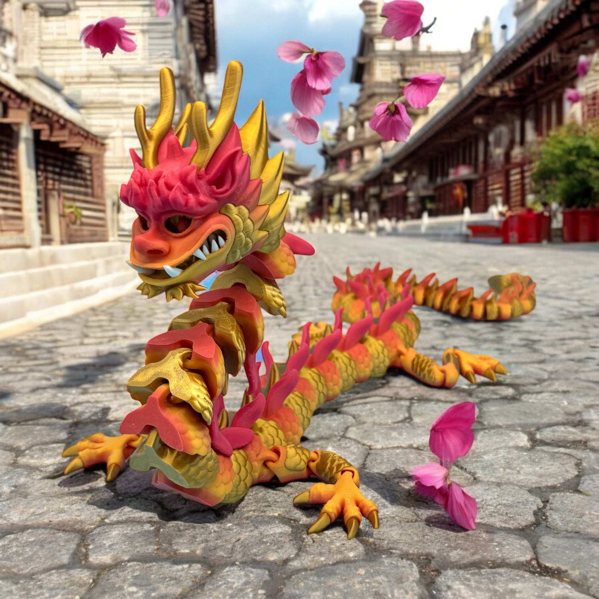 3D printed sculpture of a fiery red and orange dragon lying on a paved road with a background of traditional buildings and pink flowers.
